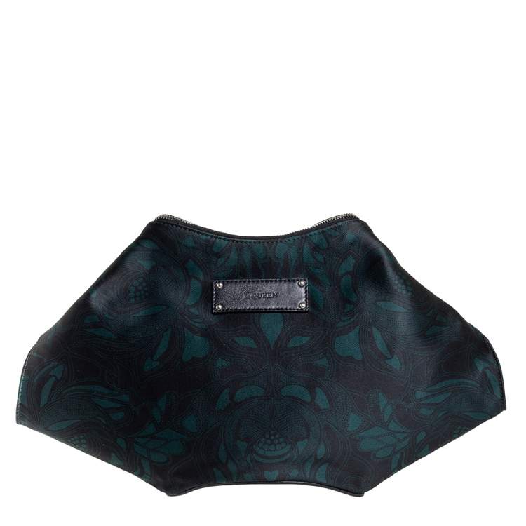 Pre Owned Alexander McQueen Black/Green Printed Fabric and Leather Medium De Manta Clutch