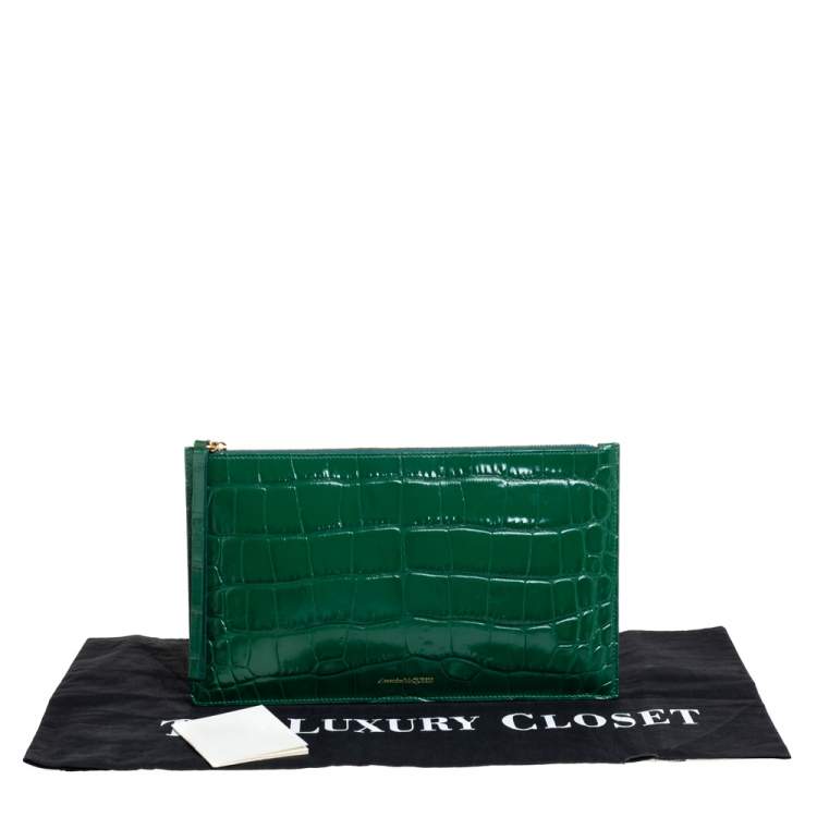 Pre Owned Alexander McQueen Green Croc Zip Pouch