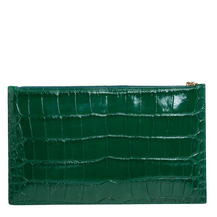 Pre Owned Alexander McQueen Green Croc Zip Pouch