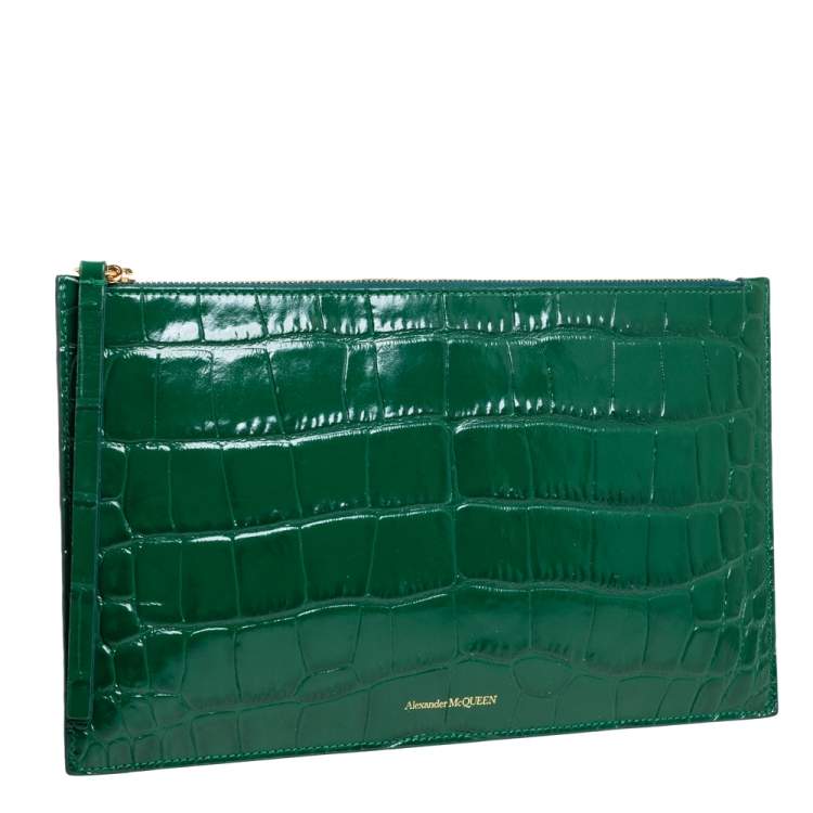 Pre Owned Alexander McQueen Green Croc Zip Pouch