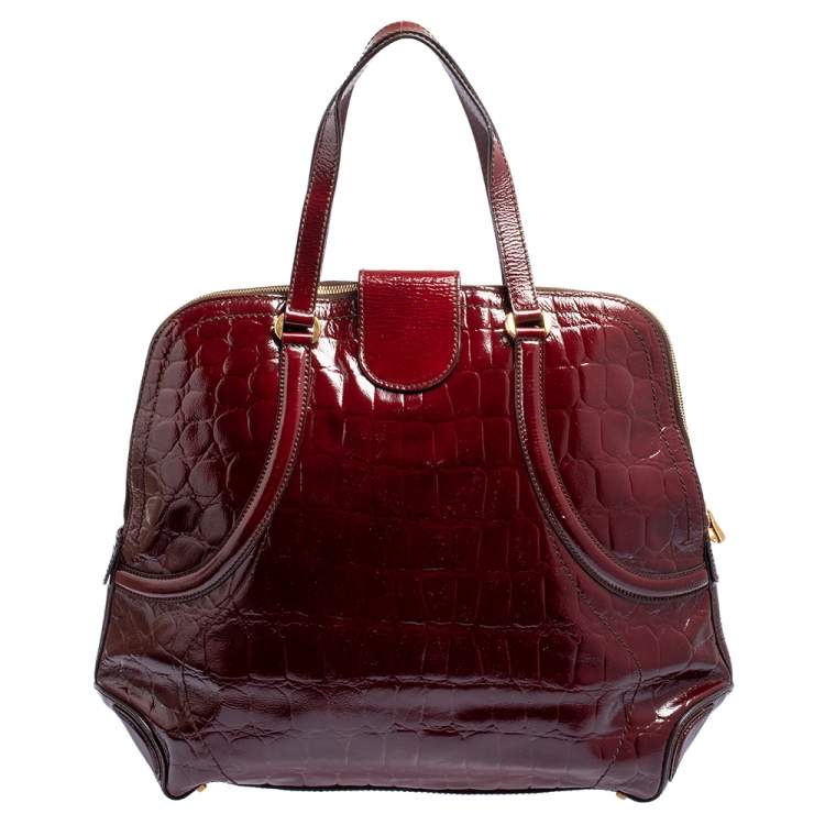 مملوكة مسبقًا Alexander McQueen Burgundy Croc Embossed Patent Leather Novak Bag