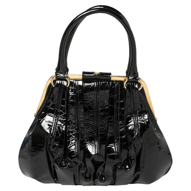 Pre Owned Alexander McQueen Black Croc Embossed Patent Leather Elvie Bag
