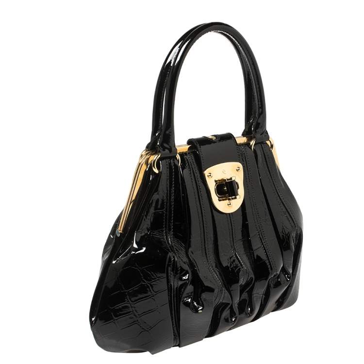 Pre Owned Alexander McQueen Black Croc Embossed Patent Leather Elvie Bag