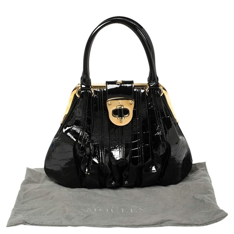 Pre Owned Alexander McQueen Black Croc Embossed Patent Leather Elvie Bag