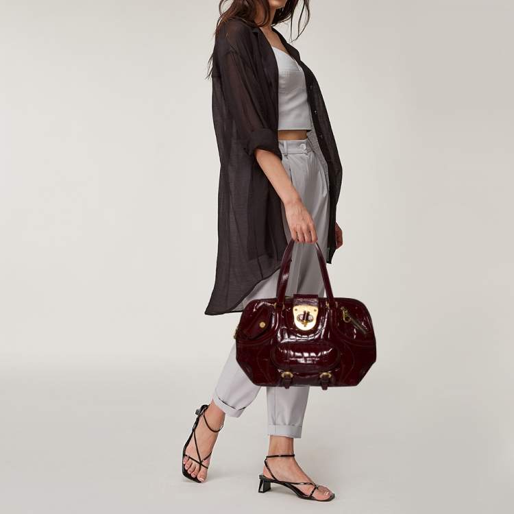 Pre Owned Alexander McQueen Burgundy Croc Embossed Patent Leather Flapper Satchel