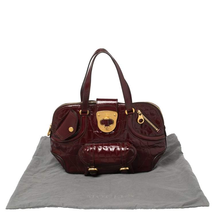 Pre Owned Alexander McQueen Burgundy Croc Embossed Patent Leather Flapper Satchel