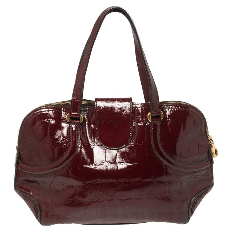 Pre Owned Alexander McQueen Burgundy Croc Embossed Patent Leather Flapper Satchel