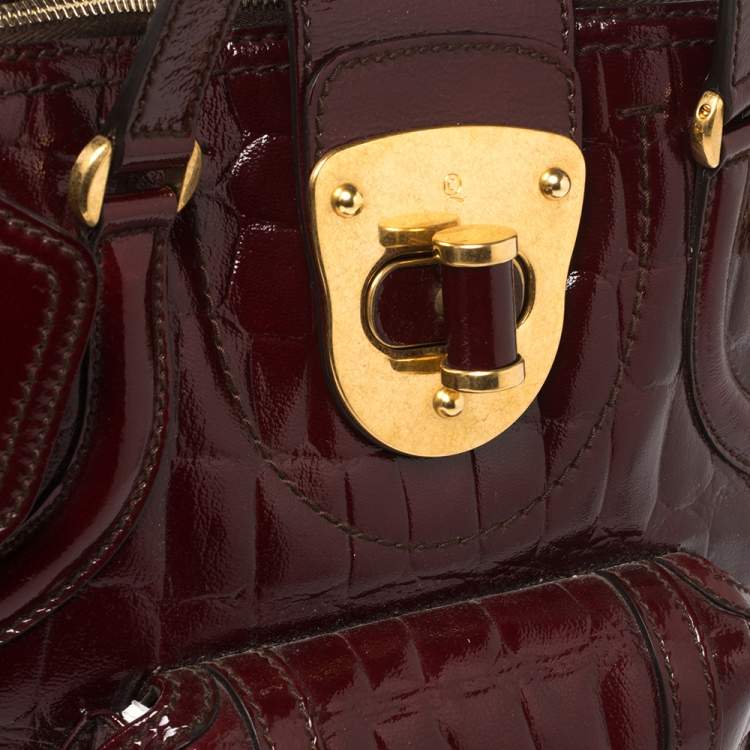 Pre Owned Alexander McQueen Burgundy Croc Embossed Patent Leather Flapper Satchel