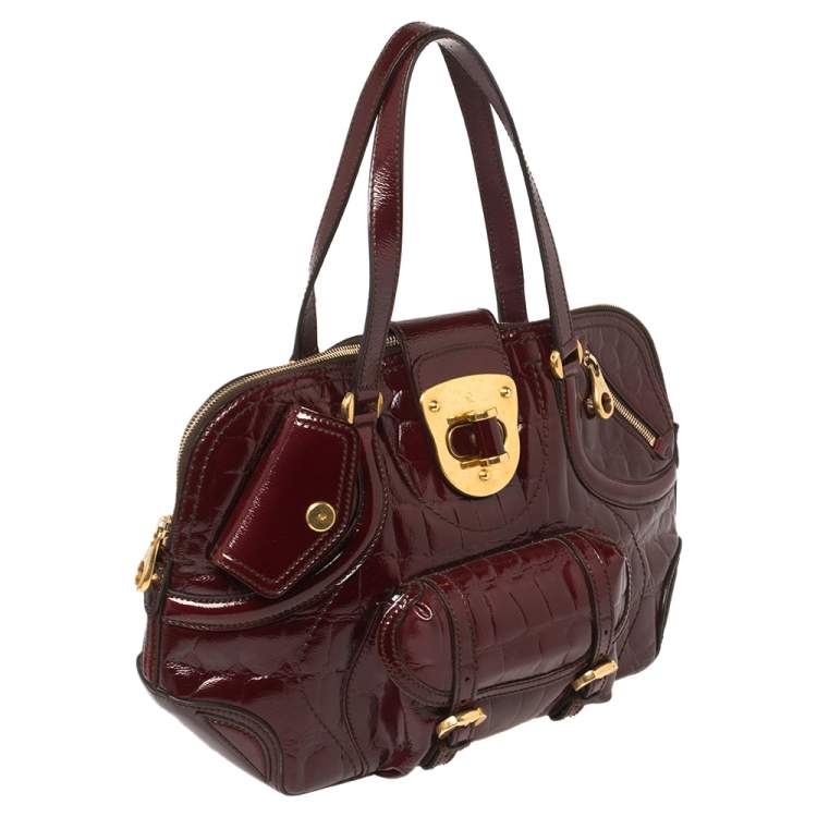 Pre Owned Alexander McQueen Burgundy Croc Embossed Patent Leather Flapper Satchel