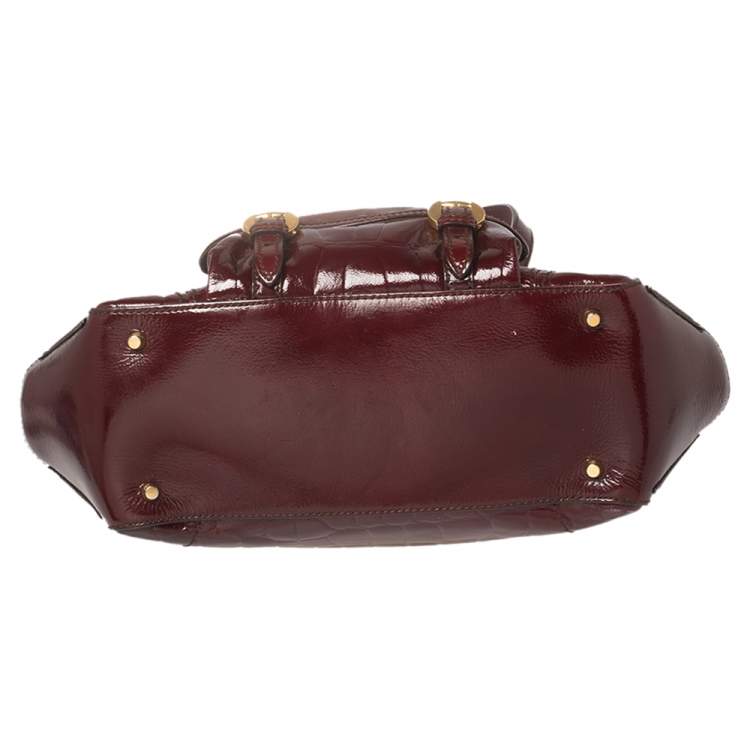 Pre Owned Alexander McQueen Burgundy Croc Embossed Patent Leather Flapper Satchel