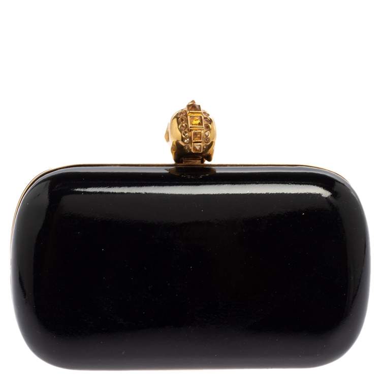 Pre Owned Alexander McQueen Black Patent Leather Skull Box Clutch