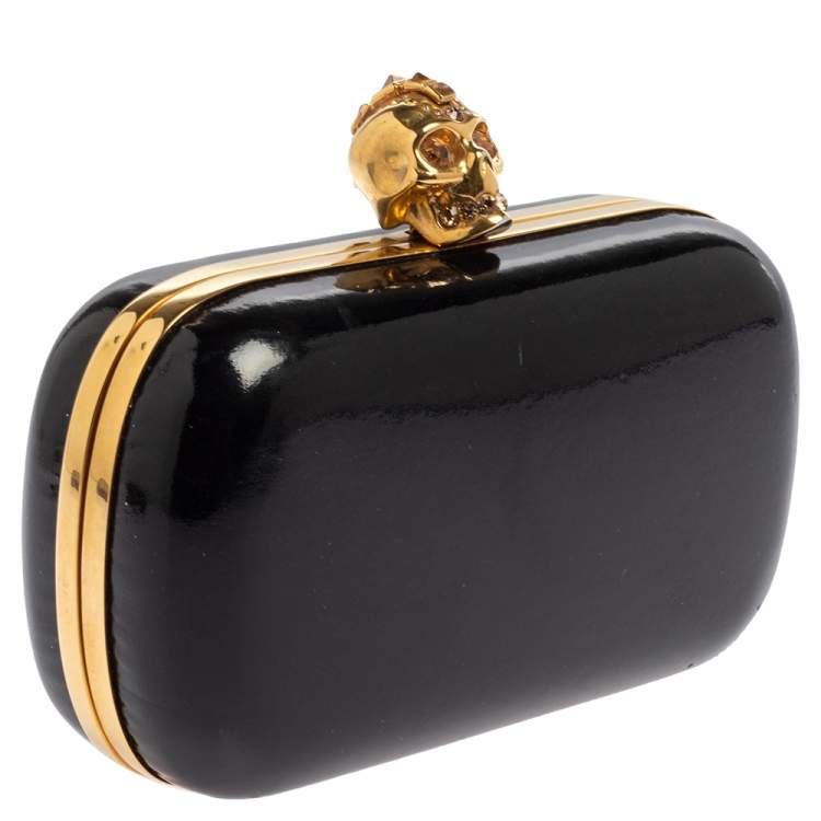 Pre Owned Alexander McQueen Black Patent Leather Skull Box Clutch