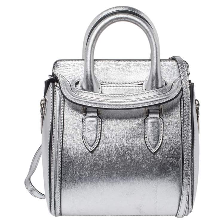 Pre Owned Alexander McQueen Metallic Silver Leather Mini Heroine Bag