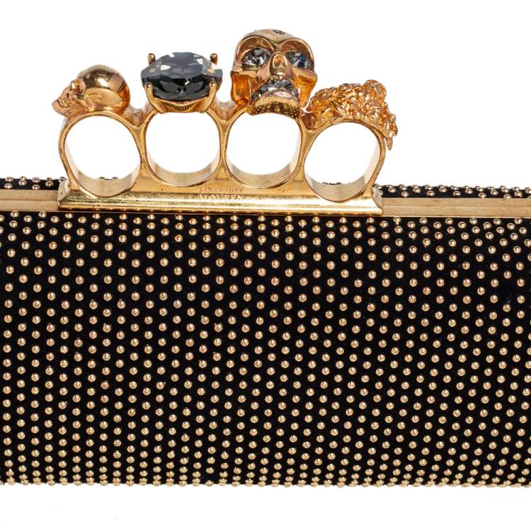 Pre Owned Alexander McQueen Black Suede Studded Skull Knuckle Clutch