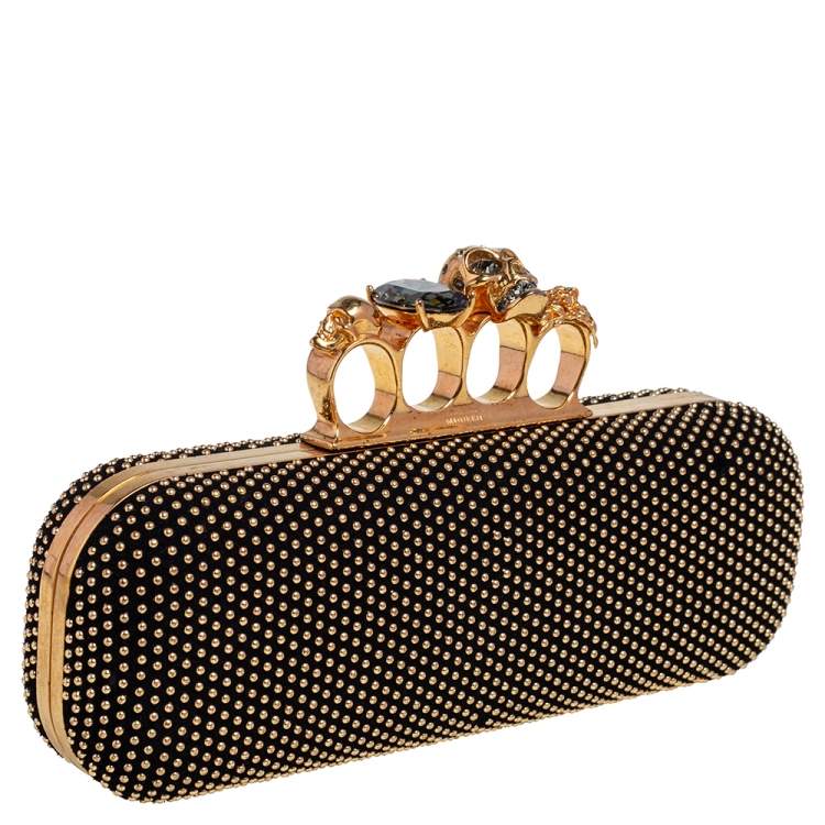 Pre Owned Alexander McQueen Black Suede Studded Skull Knuckle Clutch
