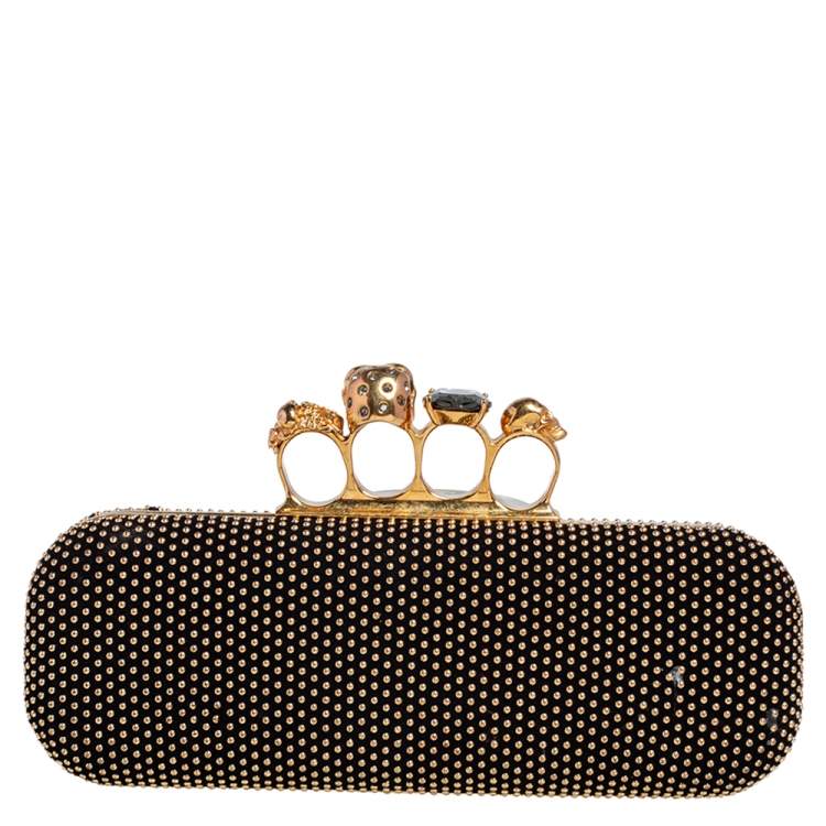 Pre Owned Alexander McQueen Black Suede Studded Skull Knuckle Clutch