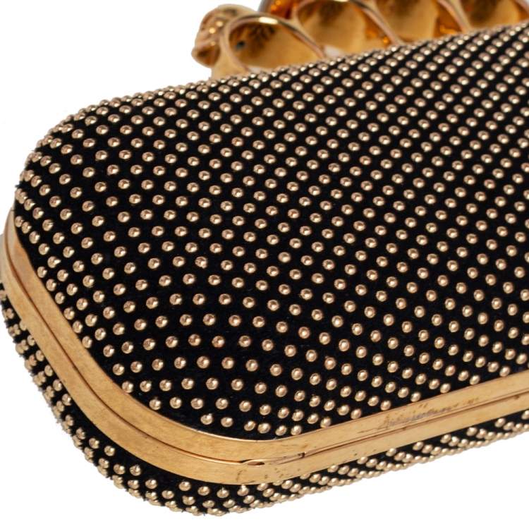 Pre Owned Alexander McQueen Black Suede Studded Skull Knuckle Clutch
