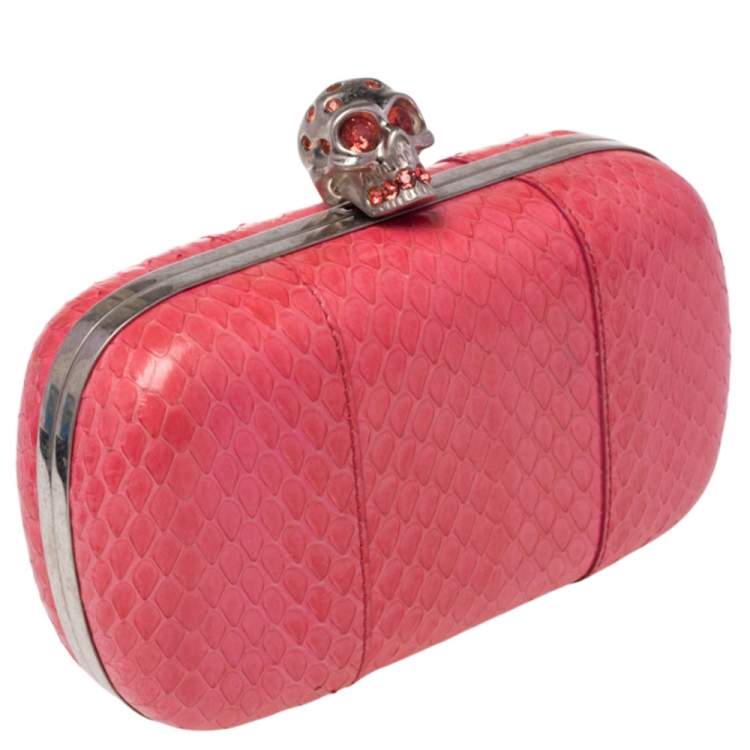 Pre Owned Alexander McQueen Pink Python Skull Box Clutch