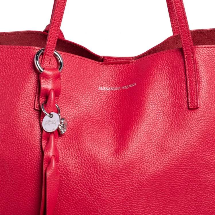 Pre Owned Alexander McQueen Red Leather Skull Charm Shopper Tote 
