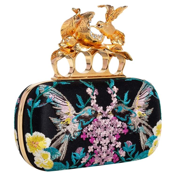 Pre Owned Alexander McQueen Multicolor Silk Embroidered Hummingbird Knuckle Duster Clutch