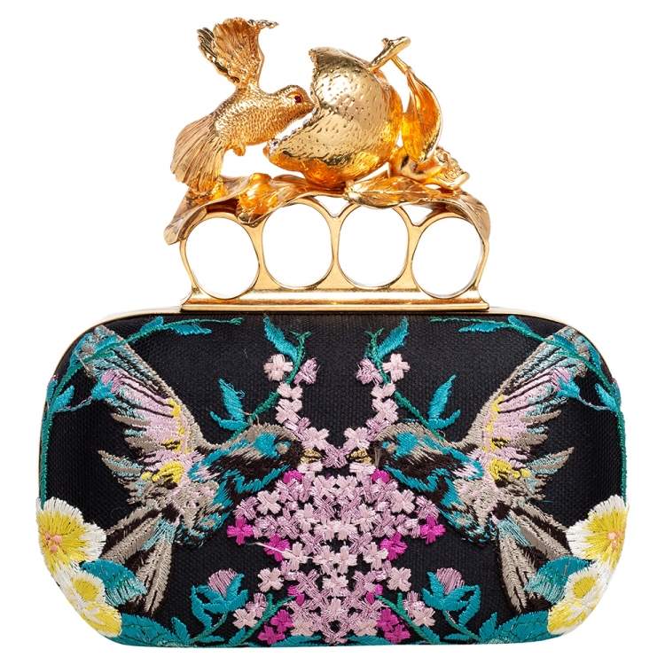 Pre Owned Alexander McQueen Multicolor Silk Embroidered Hummingbird Knuckle Duster Clutch