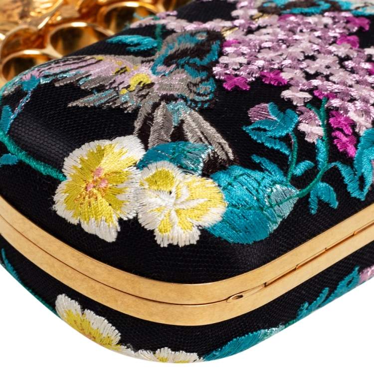 Pre Owned Alexander McQueen Multicolor Silk Embroidered Hummingbird Knuckle Duster Clutch
