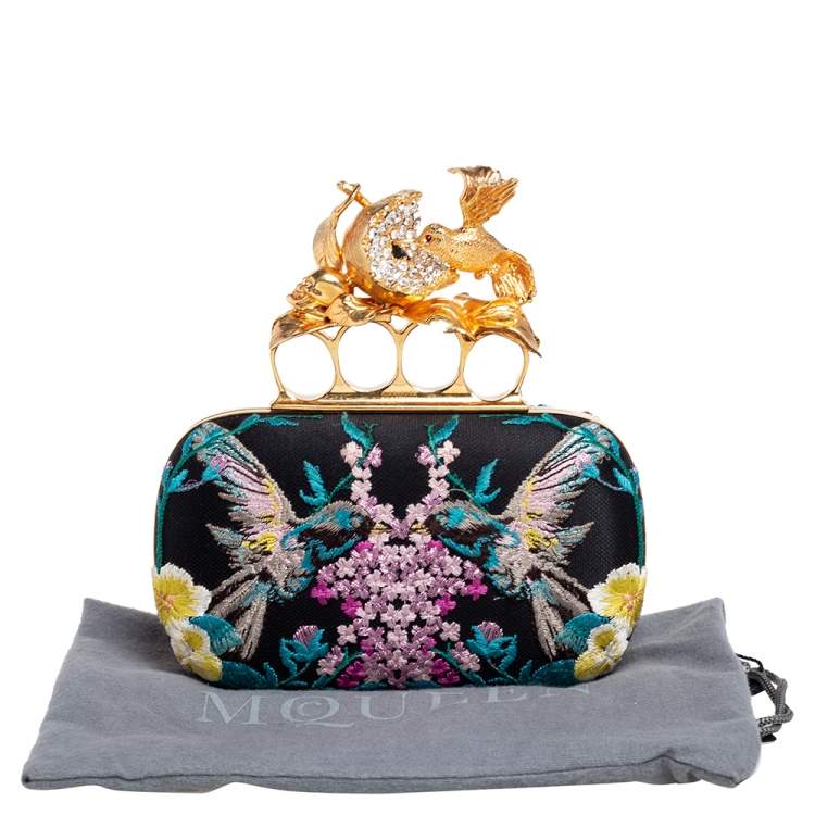 Pre Owned Alexander McQueen Multicolor Silk Embroidered Hummingbird Knuckle Duster Clutch