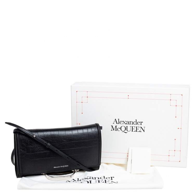Pre Owned Alexander McQueen Black Croc Embossed Leather The Story Shoulder Bag