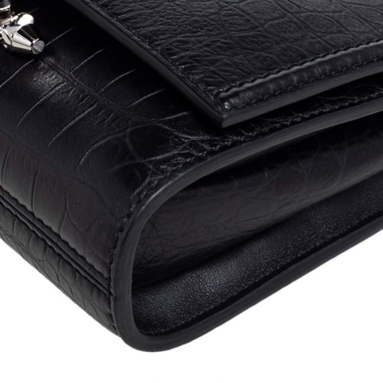 Pre Owned Alexander McQueen Black Croc Embossed Leather The Story Shoulder Bag