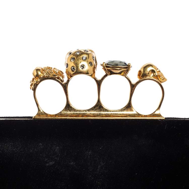Pre Owned Alexander McQueen Black Velvet Skull Knuckle Box Clutch