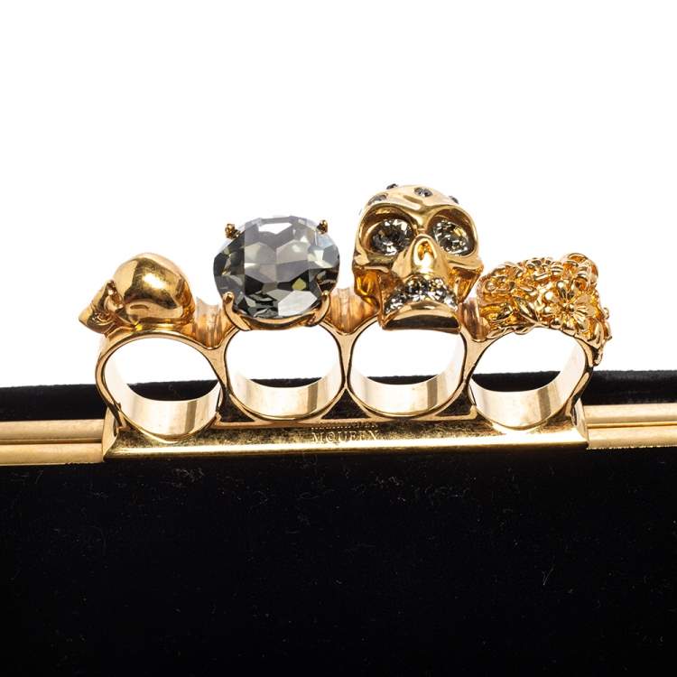 Pre Owned Alexander McQueen Black Velvet Skull Knuckle Box Clutch