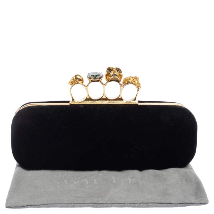 Pre Owned Alexander McQueen Black Velvet Skull Knuckle Box Clutch