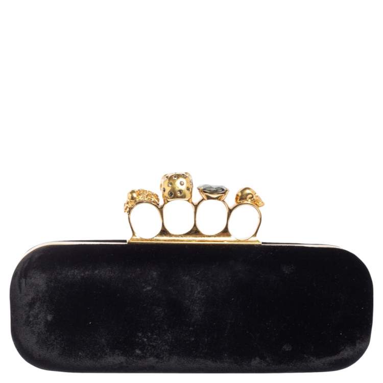 Pre Owned Alexander McQueen Black Velvet Skull Knuckle Box Clutch