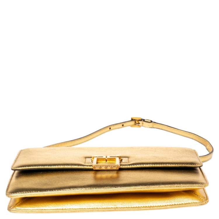 Pre Owned Alexander McQueen Metallic Gold Leather Crystal Embellished Flap Clutch Bag