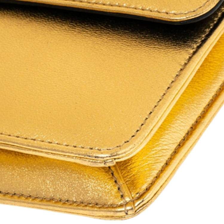 Pre Owned Alexander McQueen Metallic Gold Leather Crystal Embellished Flap Clutch Bag