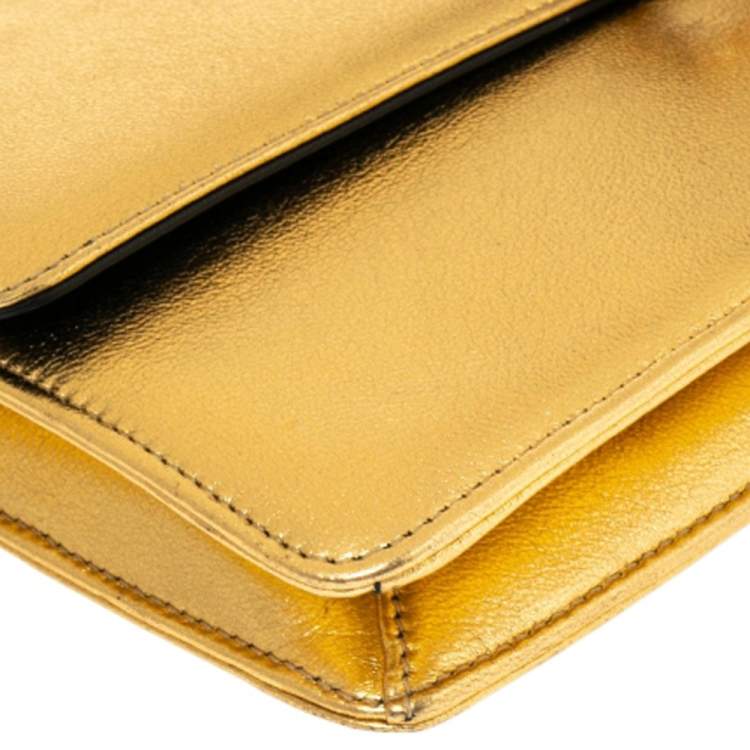 Pre Owned Alexander McQueen Metallic Gold Leather Crystal Embellished Flap Clutch Bag