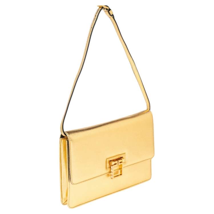 Pre Owned Alexander McQueen Metallic Gold Leather Crystal Embellished Flap Clutch Bag
