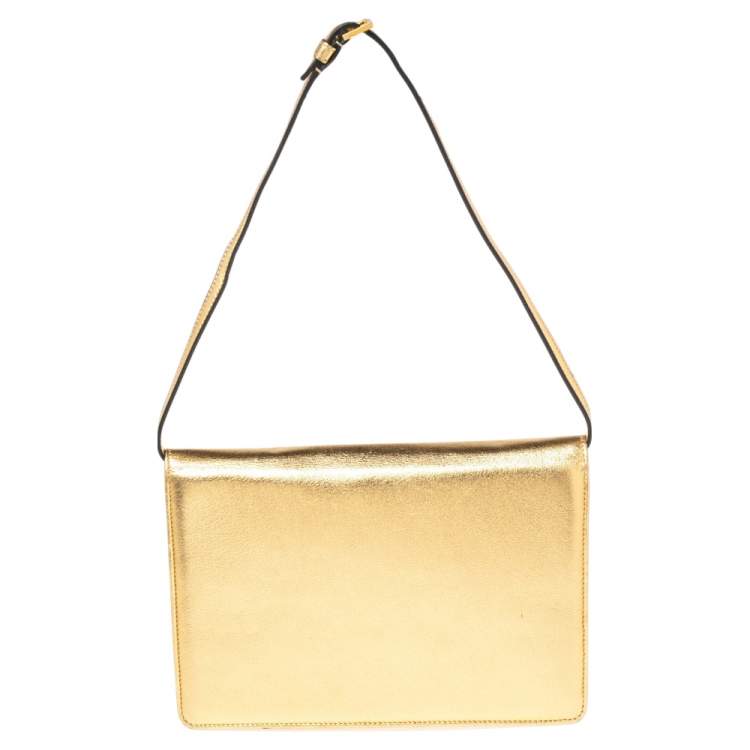 Pre Owned Alexander McQueen Metallic Gold Leather Crystal Embellished Flap Clutch Bag