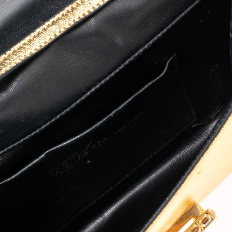 Pre Owned Alexander McQueen Metallic Gold Leather Crystal Embellished Flap Clutch Bag