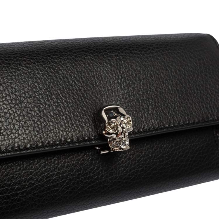 Pre Owned Alexander McQueen Black Leather Skull Continental Wallet On Chain