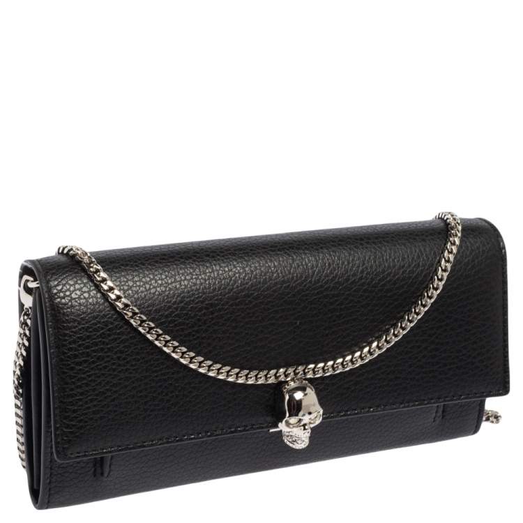 Pre Owned Alexander McQueen Black Leather Skull Continental Wallet On Chain