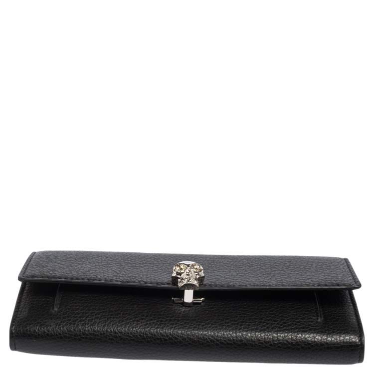 Pre Owned Alexander McQueen Black Leather Skull Continental Wallet On Chain
