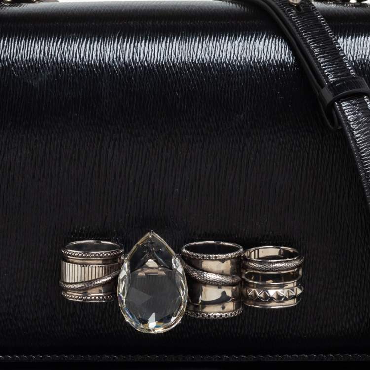 Pre Owned Alexander McQueen Black Patent Leather 4 Ring Flap Shoulder Bag