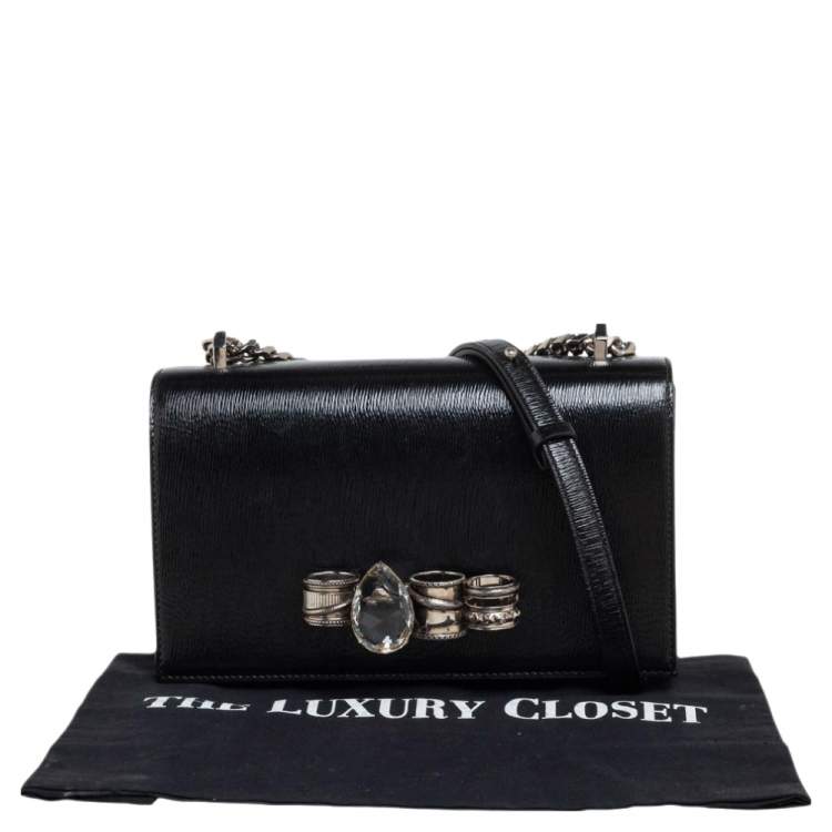 Pre Owned Alexander McQueen Black Patent Leather 4 Ring Flap Shoulder Bag