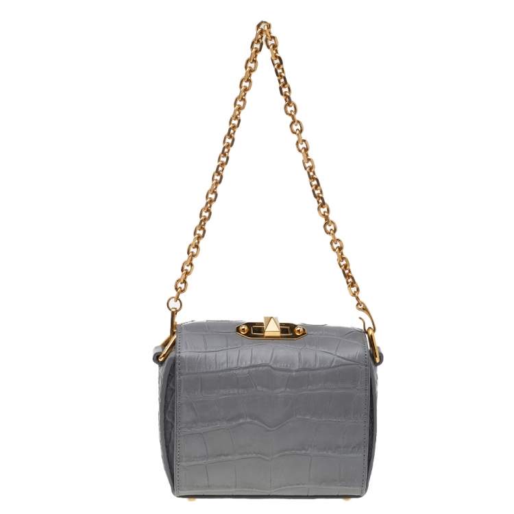 Pre Owned Alexander McQueen Grey Croc Embossed Leather Box Shoulder Bag