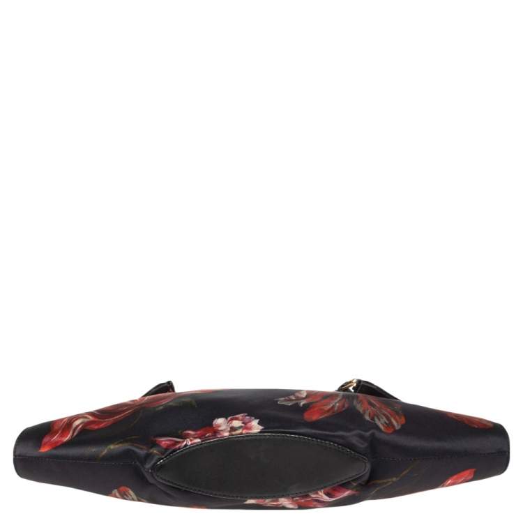 Pre Owned Alexander McQueen Black/Pink Floral Print Satin and Leather Medium De Manta Clutch