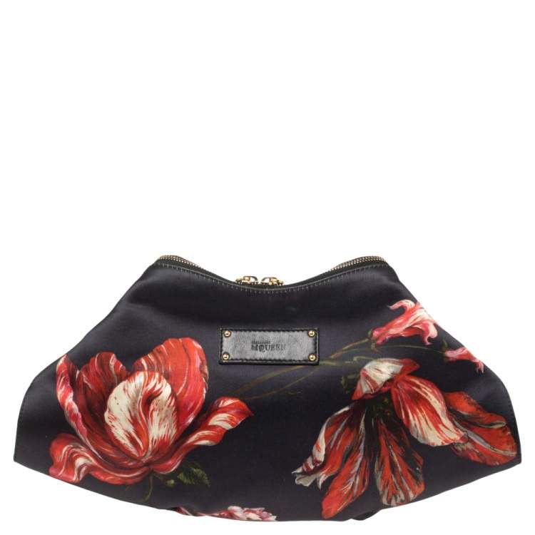 Pre Owned Alexander McQueen Black/Pink Floral Print Satin and Leather Medium De Manta Clutch
