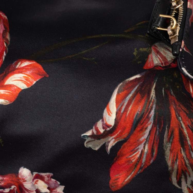Pre Owned Alexander McQueen Black/Pink Floral Print Satin and Leather Medium De Manta Clutch