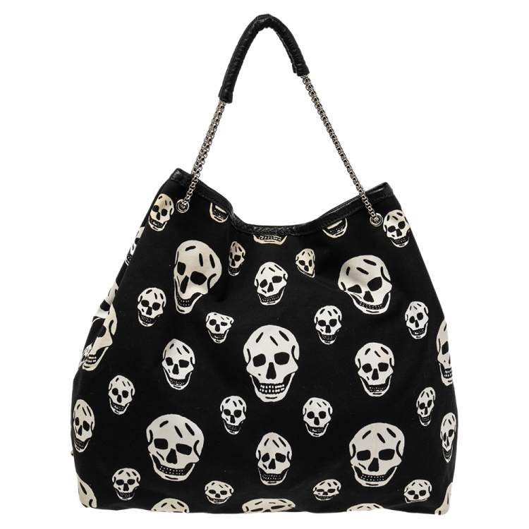 Pre Owned Alexander McQueen Black Skull Print Canvas Tote