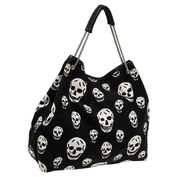 Pre Owned Alexander McQueen Black Skull Print Canvas Tote